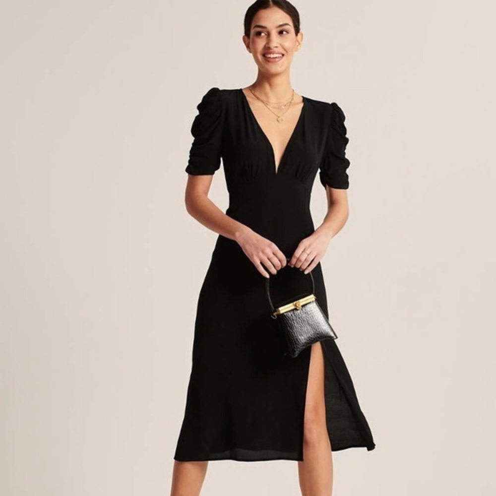 Abercrombie Cinched Sleeve Midi Dress, Black, Size XL